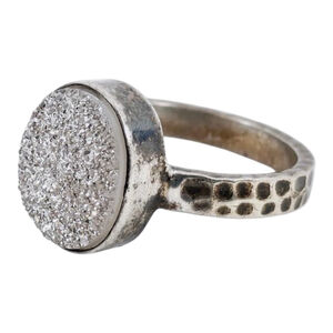 925 Hammered Silver & Drusy Quartz Ring Size 6.5 2301